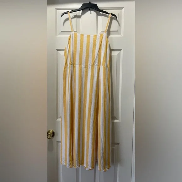 Women’s GAP Yellow and White Striped Square neck Midi Linen Blend Dress size 14 - Picture 2 of 13